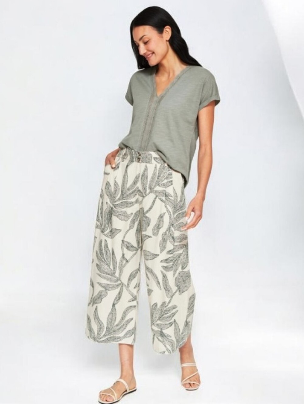 L🌴Linen Blend Wide-Leg Leaf Print Pants in Cream and Green / Kacki